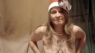 french slave strips teases with magic wand and gets slapped around