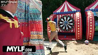 i fuck this extra tall milf outdoors riding deepthroat doggystyle in bounce house trailer