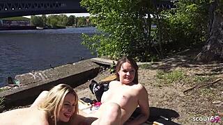 Two Sunbathing Lesbians Caught Outdoors Seduce Stranger For Rough Public FFM Threesome In Berlin