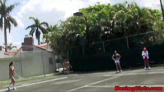 Hey check out these hazing sorority babes munching wet pussies right on the tennis court