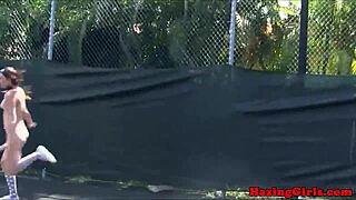 Hey check out these hazing sorority babes munching wet pussies right on the tennis court