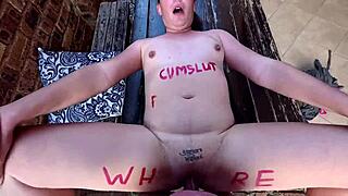 Chubby brunette amateur slut in lingerie gets missionary creampie outdoors with body writing on small tits