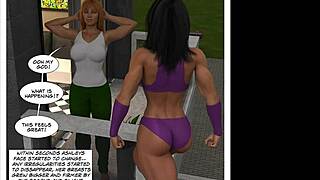 muscular female bodybuilder grows in crossdressing superhero comic transformation