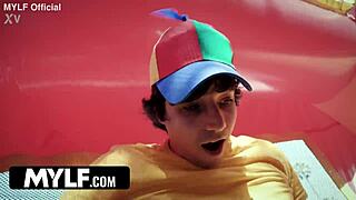 i fuck this extra tall milf outdoors riding deepthroat doggystyle in bounce house trailer