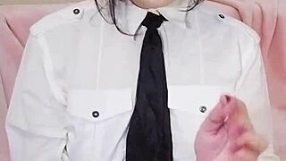 Cum in my mouth while I toy my pixel pussy and stroke hard in uniform heels.