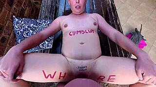 Chubby brunette amateur slut in lingerie gets missionary creampie outdoors with body writing on small tits