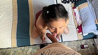 the young latina babe kneels pov sucking her boyfriend's huge cock and swallows every drop