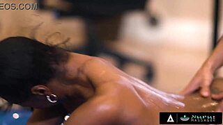 sexy ebony masseuse eases his back pain with deep cock sucking and nuru oil play