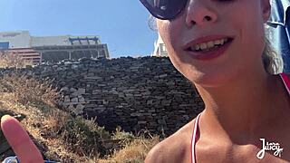 Juicy Girl Next Door Fingers Big Pussy Lips To Squirting Orgasm On Rocks