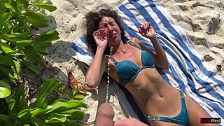 Pissing on shocked skinny babe at crowded public beach