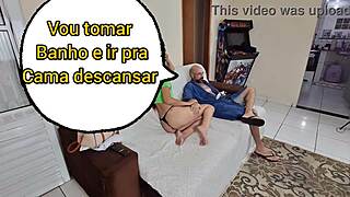 Blindfolded submissive wife with small waist gets fucked by friend while old cuckold husband watches in bedroom!