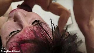 real skinny whore gags on huge cock deepthroat face fuck till facial cumshot and rough ass to mouth