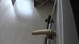 brunette straps dildo to tv for hairy asshole anal orgasm home