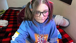 Viewers edge cute nerd with glasses using vibrator on tits pussy feet sans panties!
