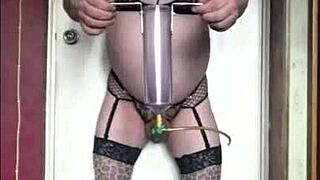 shy bisexual crossdresser in stockings keeps cumming solo until he begs for yours with watchers around