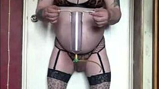 shy bisexual crossdresser in stockings keeps cumming solo until he begs for yours with watchers around