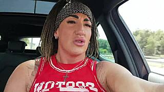 everyone watch me yank out her big tits and fuck her hard in the car