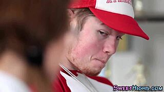 uniformed petite teen 18+ kneels for hardcore cock sucking ending in messy facial