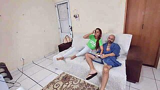 Blindfolded submissive wife with small waist gets fucked by friend while old cuckold husband watches in bedroom!