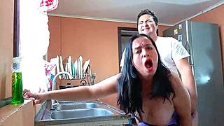 stepmom moans loud topless kitchen fuck with my huge cock