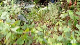 Black fat bbw hairy pussy fucked doggystyle bent over in bush by monster cock