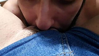 he sucks little friend's pussy without removing jeans shorts