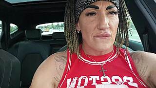 everyone watch me yank out her big tits and fuck her hard in the car