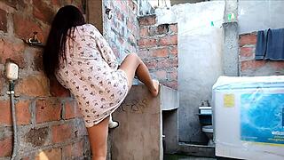 neighbor's nightgown slips revealing her bare pink pussy underneath