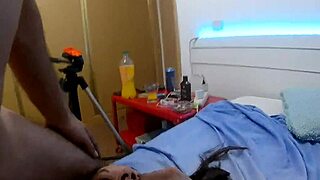 girl shoves toys deep into shaved pussy while sucking tits