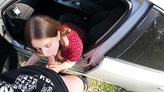 perfect babe deepthroats huge cock in car for sloppy facial cumshot