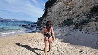 curvy stepmom shows off on public beach