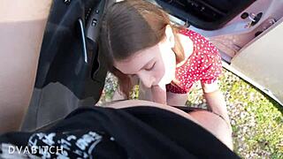 perfect babe deepthroats huge cock in car for sloppy facial cumshot