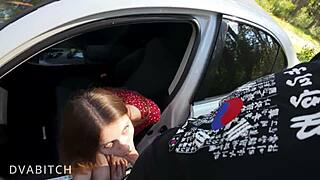 perfect babe deepthroats huge cock in car for sloppy facial cumshot