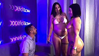 Pregnant Latina milf with big tits deepthroats in bisexual threesome quickie at nightclub