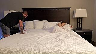 stepmom and stepson share hotel bed leading to intense creampie fuck