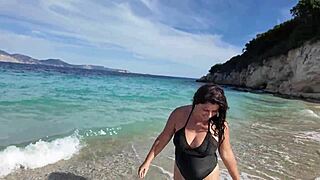 curvy stepmom shows off on public beach
