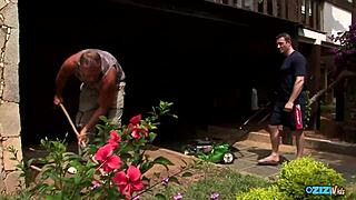 two gardeners take a break to spitroast a sexy asian teen