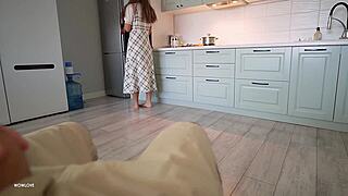 step mom caught step son cooking and helped him cum
