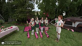 Vr bangers feature three teen scouts in uniform fucking hard at camping orgy