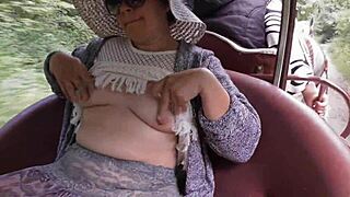hairy mature shows her beaver upskirt while flashing on the carriage
