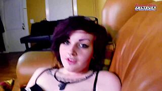 petite inked brunette coed plays with dildo solo
