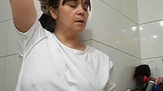 mom fucked by surprise and creampie standby bathroom