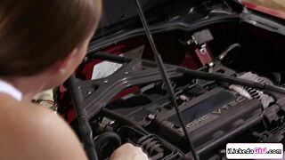 Lesbian mechanic licks blonde customer tits