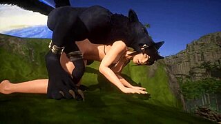 three d wild life fox girl plays with her wolf friend