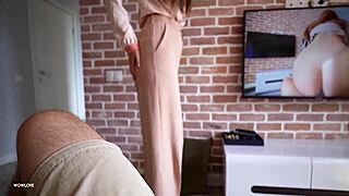 Hot step mom caught her step son watching porn and helped him cum
