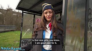 public agent big tits brunette air hostess coco bae pov blowjob
