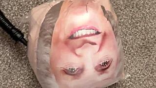 Inflating a granny blow up doll