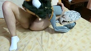 Beautiful stepmother shows her big hairy pussy and masturbates