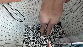 Doggystyle cum shot pov in shower with wife