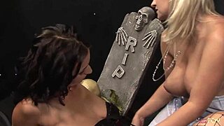 gorgeous lesbians rub their clits together and get freaky with their massive sex toys
